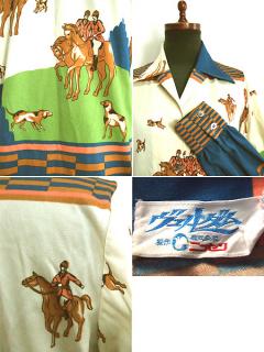 草原で仲良し乗馬柄 モダン シャツ(c)